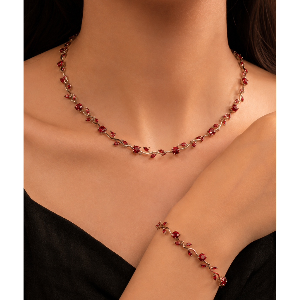 Red Tulip Crystal Necklace & Bracelet Set – Premium Luxury Jewelry