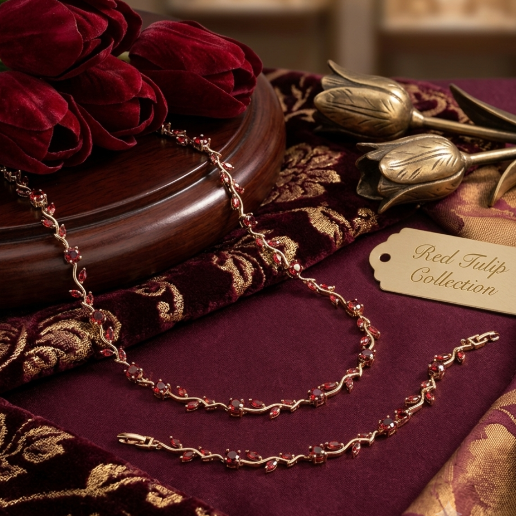 Red Tulip Crystal Necklace & Bracelet Set – Premium Luxury Jewelry