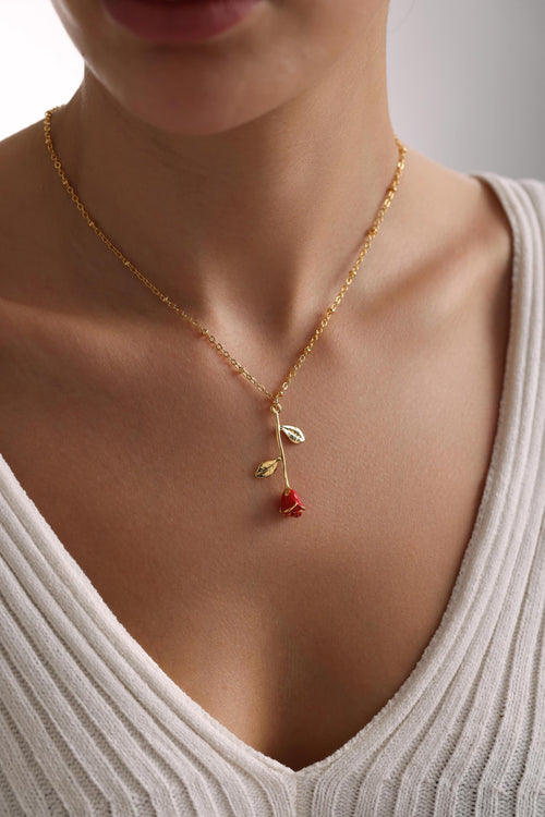 Gold Plated White Red Enamel Rose Flower Necklace, Rose Necklace, Flower Necklace