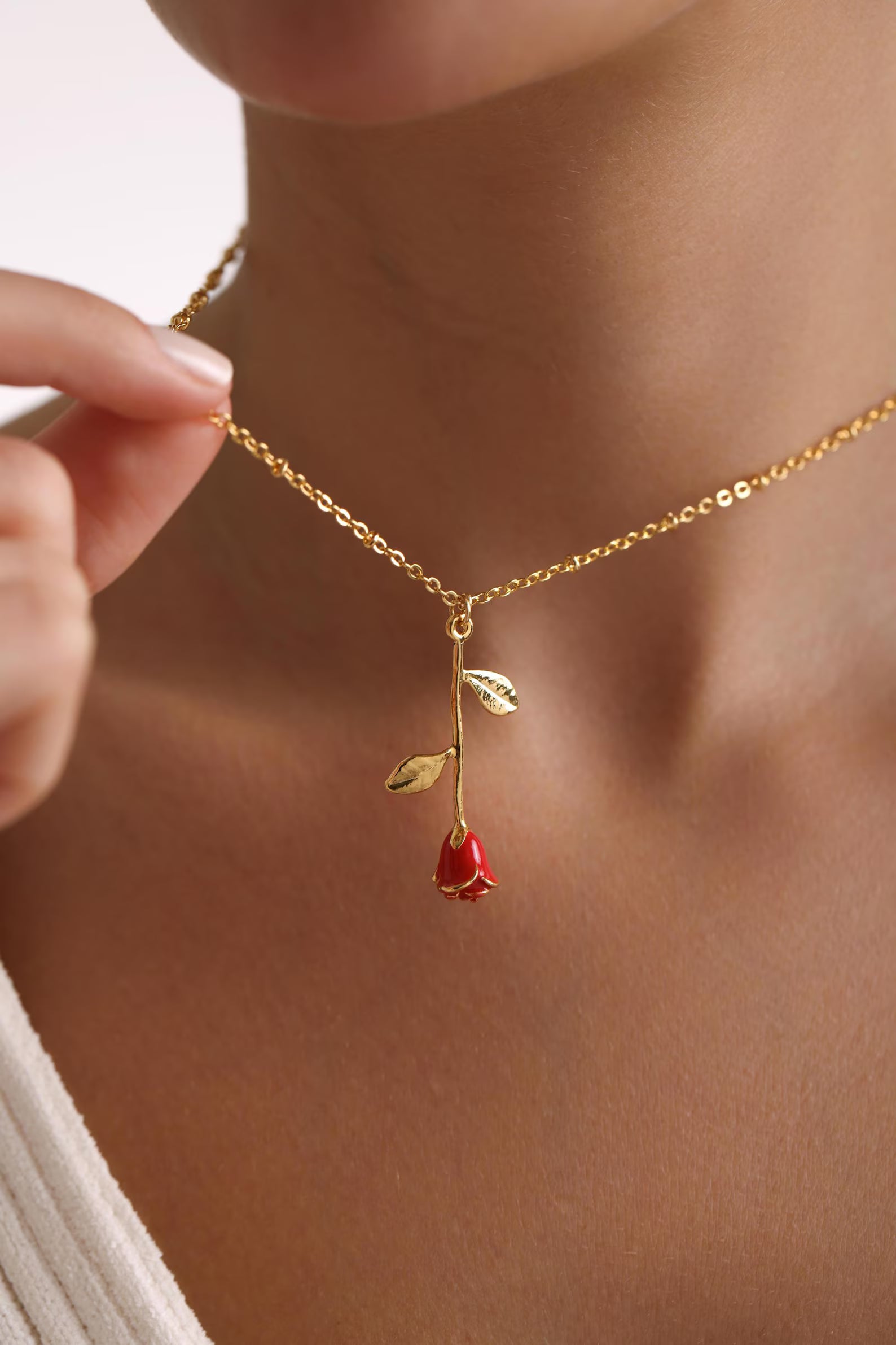 Gold Plated White Red Enamel Rose Flower Necklace, Rose Necklace, Flower Necklace