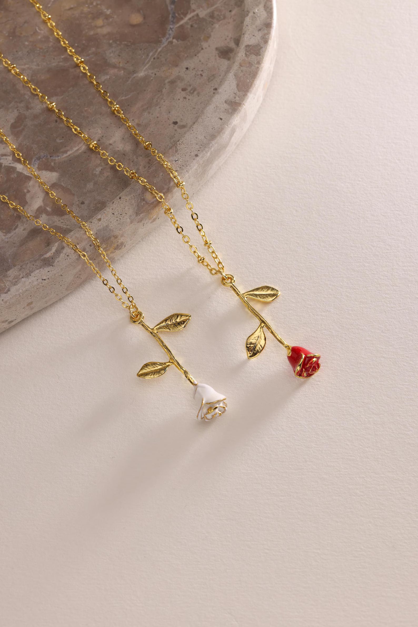 Gold Plated White Red Enamel Rose Flower Necklace, Rose Necklace, Flower Necklace